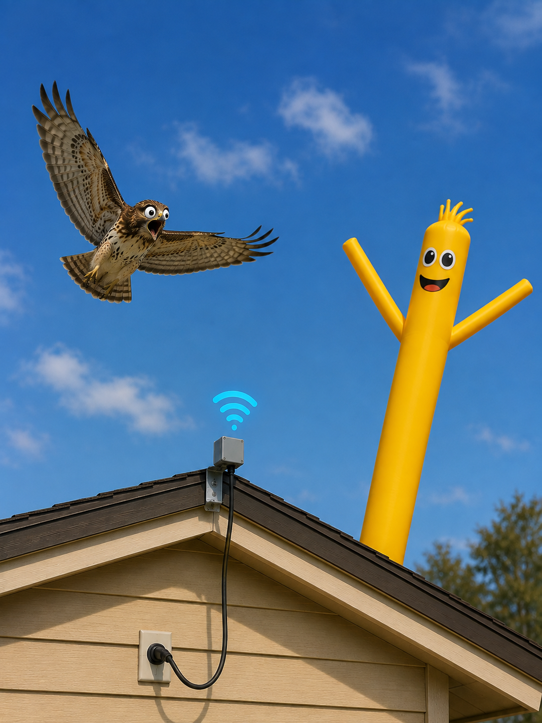 A hawk startled away from the coop by the sky dancer